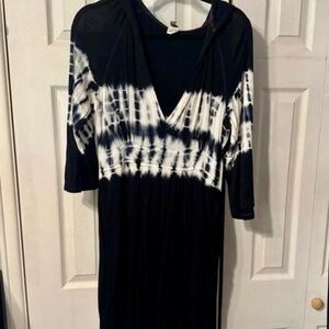 Kenneth Cole Navy and White Tye Dye Hooded Casual Dress With Pockets Size Large
